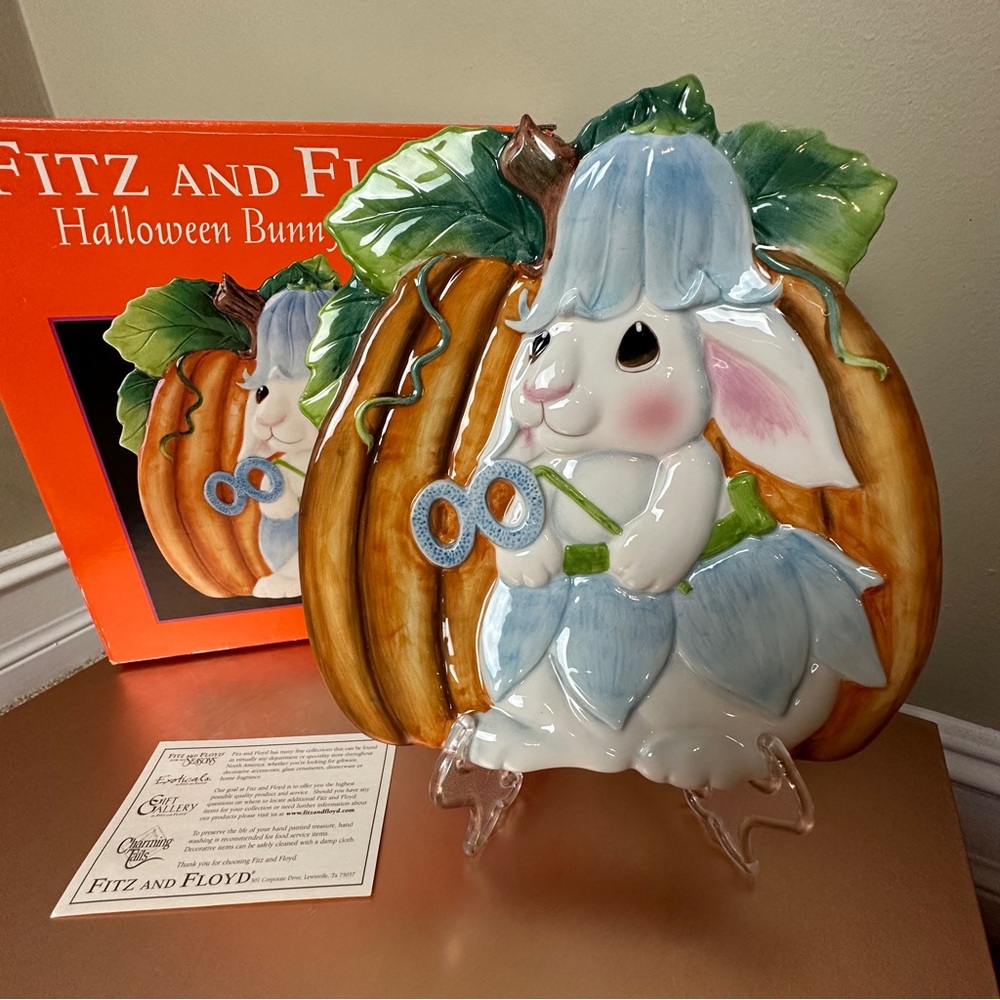 Fitz & Floyd Halloween Ceramic Bunny Blooms Canape Plate Rabbit